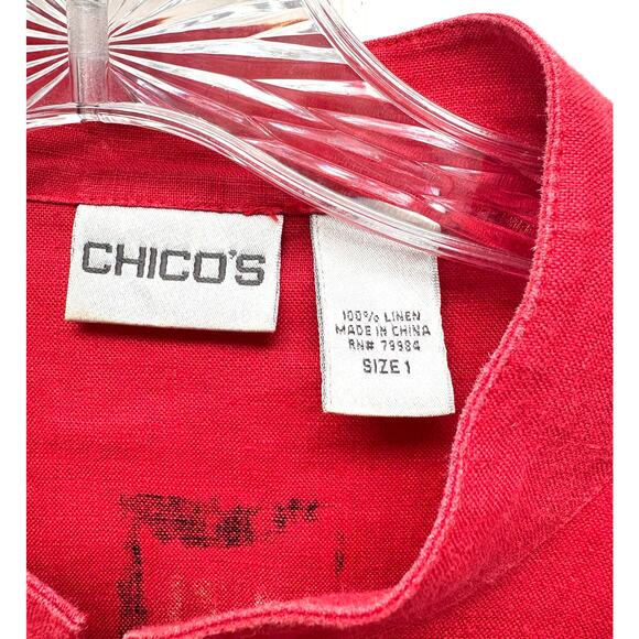 Chicos Red Linen Tunic Fish Design Mandarin Collar Button Up Size 1 or Women’s M - Picture 4 of 7